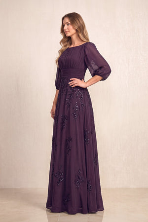 Plum Chiffon A-Line Embroidered Boat Neck Long Mother of the Bride Dress (3) | KISSBRIDAL