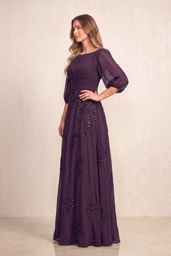Plum Chiffon A-Line Embroidered Boat Neck Long Mother of the Bride Dress (3) | KISSBRIDAL
