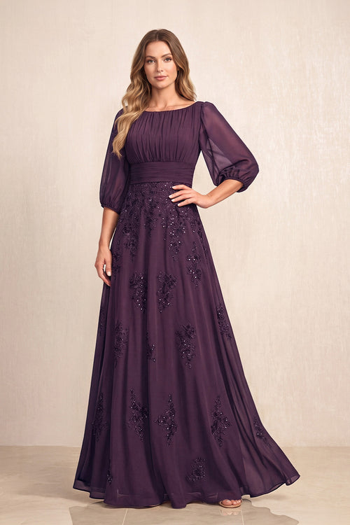 Plum Chiffon A-Line Embroidered Boat Neck Long Mother of the Bride Dress | KISSBRIDAL