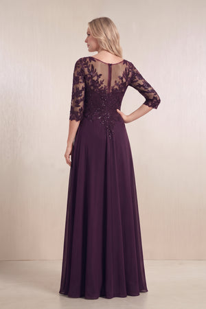 Plum Chiffon A-Line Embroidered Mother of the Bride Dress With Sleeves (2) | KISSBRIDAL