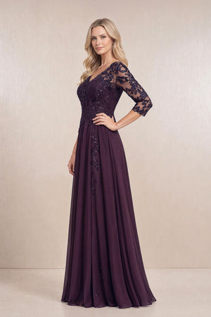Plum Chiffon A-Line Embroidered Mother of the Bride Dress With Sleeves (3) | KISSBRIDAL