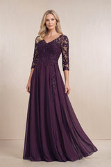 Plum Chiffon A-Line Embroidered Mother of the Bride Dress With Sleeves | KISSBRIDAL