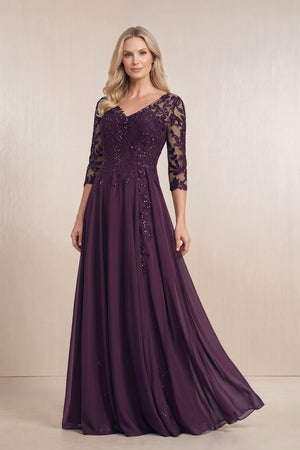 Plum Chiffon A-Line Embroidered Mother of the Bride Dress With Sleeves | KISSBRIDAL