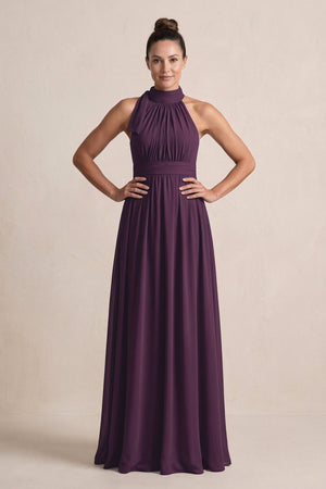 Plum Chiffon Halter A-Line Mother of the Bride Dress | KISSBRIDAL