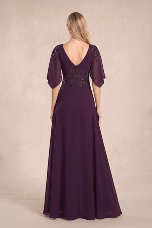 Plum Chiffon Lone Sleeves A-Line V-Neck Embroidered Mother of the Bride Dress (2) | KISSBRIDAL