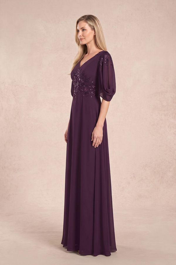 Plum Chiffon Lone Sleeves A-Line V-Neck Embroidered Mother of the Bride Dress (3) | KISSBRIDAL