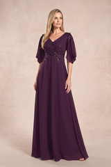 Plum Chiffon Lone Sleeves A-Line V-Neck Embroidered Mother of the Bride Dress | KISSBRIDAL