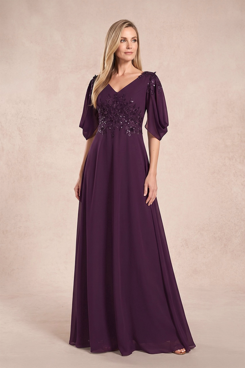 Plum Chiffon Lone Sleeves A-Line V-Neck Embroidered Mother of the Bride Dress | KISSBRIDAL