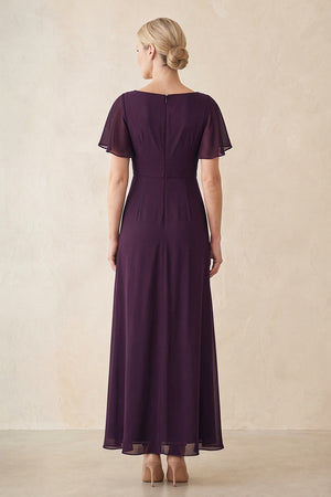Plum Chiffon Ruched A-Line Ruffled Sleeves Midi Mother of the Bride Dress (2) | KISSBRIDAL