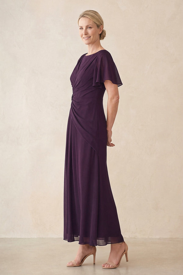 Plum Chiffon Ruched A-Line Ruffled Sleeves Midi Mother of the Bride Dress (3) | KISSBRIDAL