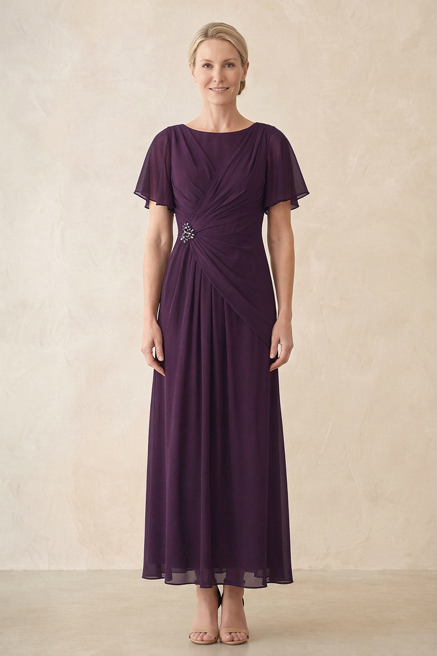 Plum Chiffon Ruched A-Line Ruffled Sleeves Midi Mother of the Bride Dress