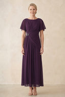 Plum Chiffon Ruched A-Line Ruffled Sleeves Midi Mother of the Bride Dress | KISSBRIDAL