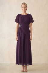 Plum Chiffon Ruched A-Line Ruffled Sleeves Midi Mother of the Bride Dress | KISSBRIDAL