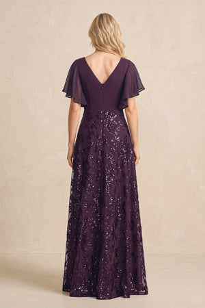 Plum Chiffon V-Neck A-Line Embroidered Mother of the Bride Dress with Ruffled Sleeves (2) | KISSBRIDAL