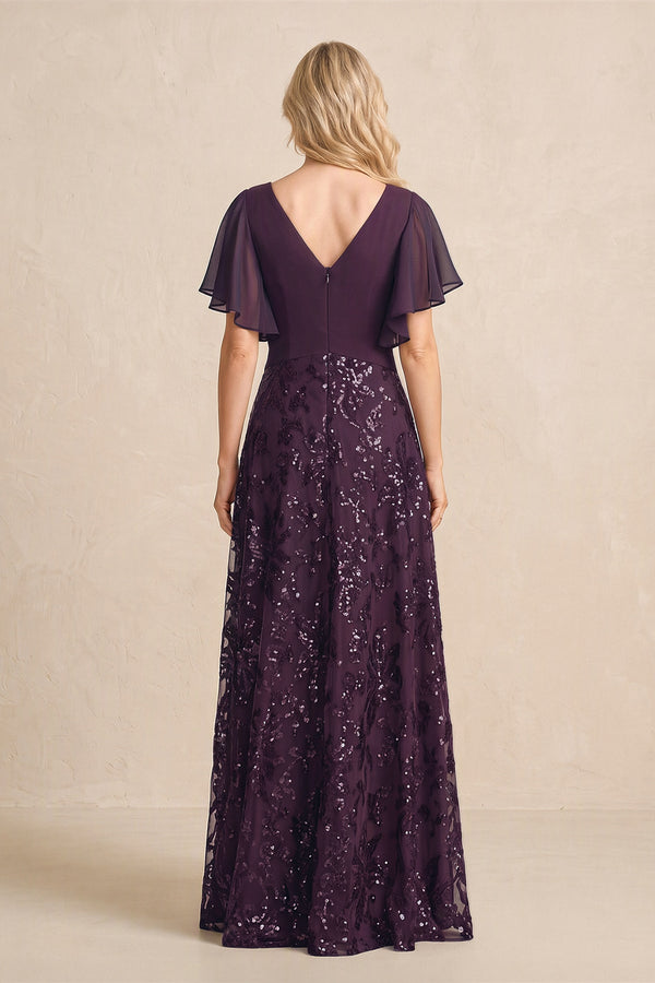 Plum Chiffon V-Neck A-Line Embroidered Mother of the Bride Dress with Ruffled Sleeves (2) | KISSBRIDAL