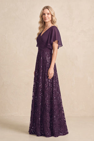 Plum Chiffon V-Neck A-Line Embroidered Mother of the Bride Dress with Ruffled Sleeves (3) | KISSBRIDAL