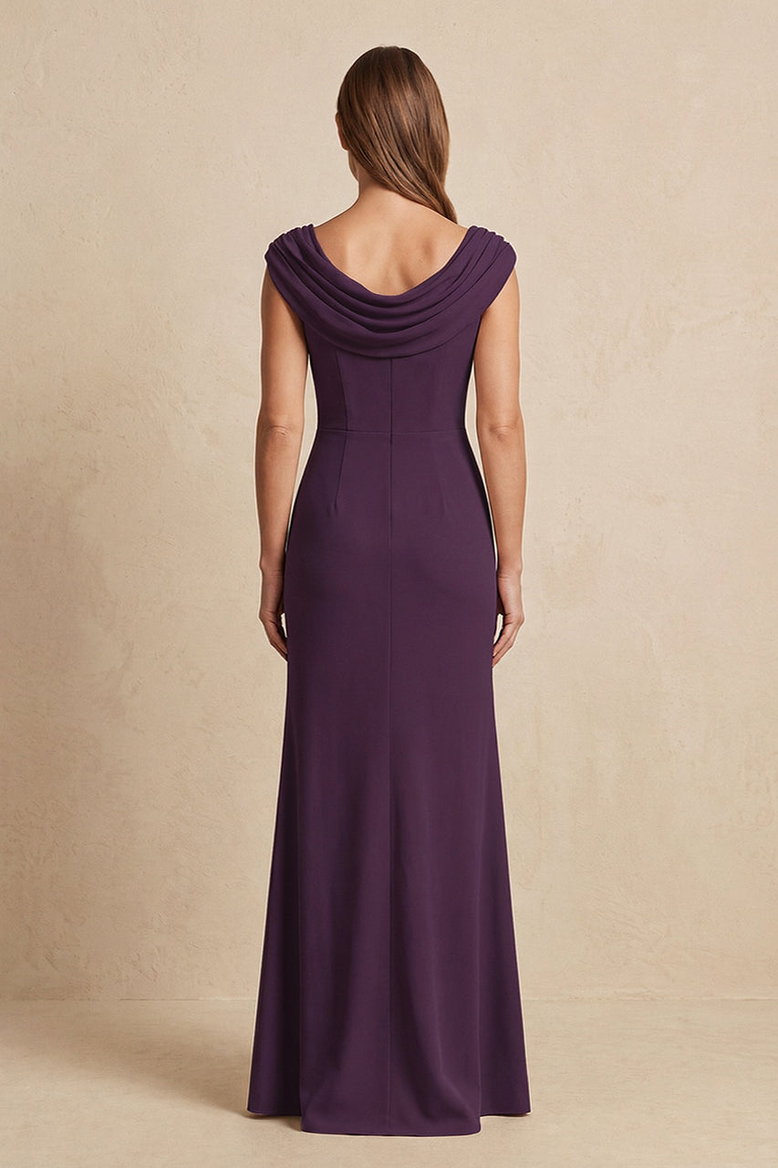 Plum Cowl Neck Sheath Chiffon Mother of the Bride Dress with Slit and Cap Sleeves
