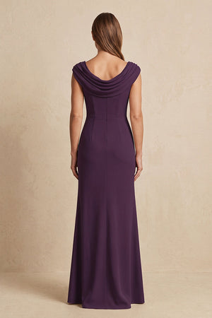 Plum Cowl Neck Sheath Chiffon Mother of the Bride Dress with Slit and Cap Sleeves (2) | KISSBRIDAL