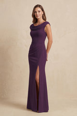 Plum Cowl Neck Sheath Chiffon Mother of the Bride Dress with Slit and Cap Sleeves | KISSBRIDAL