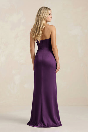 Plum Cowl Neck Sheath Satin Bridesmaid Dress With Detachable Sleeves | KISSBRIDAL