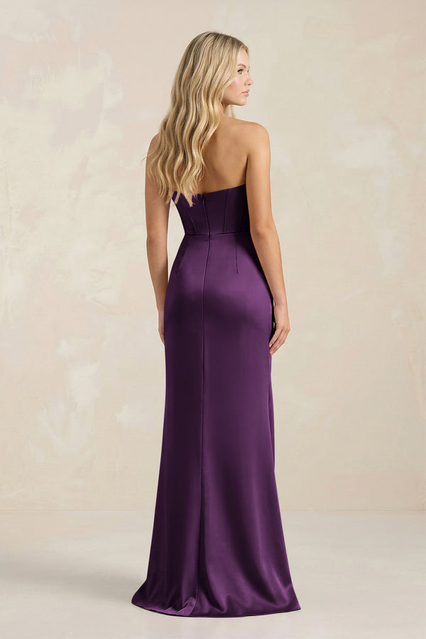Plum Cowl Neck Sheath Satin Bridesmaid Dress With Detachable Sleeves | KISSBRIDAL
