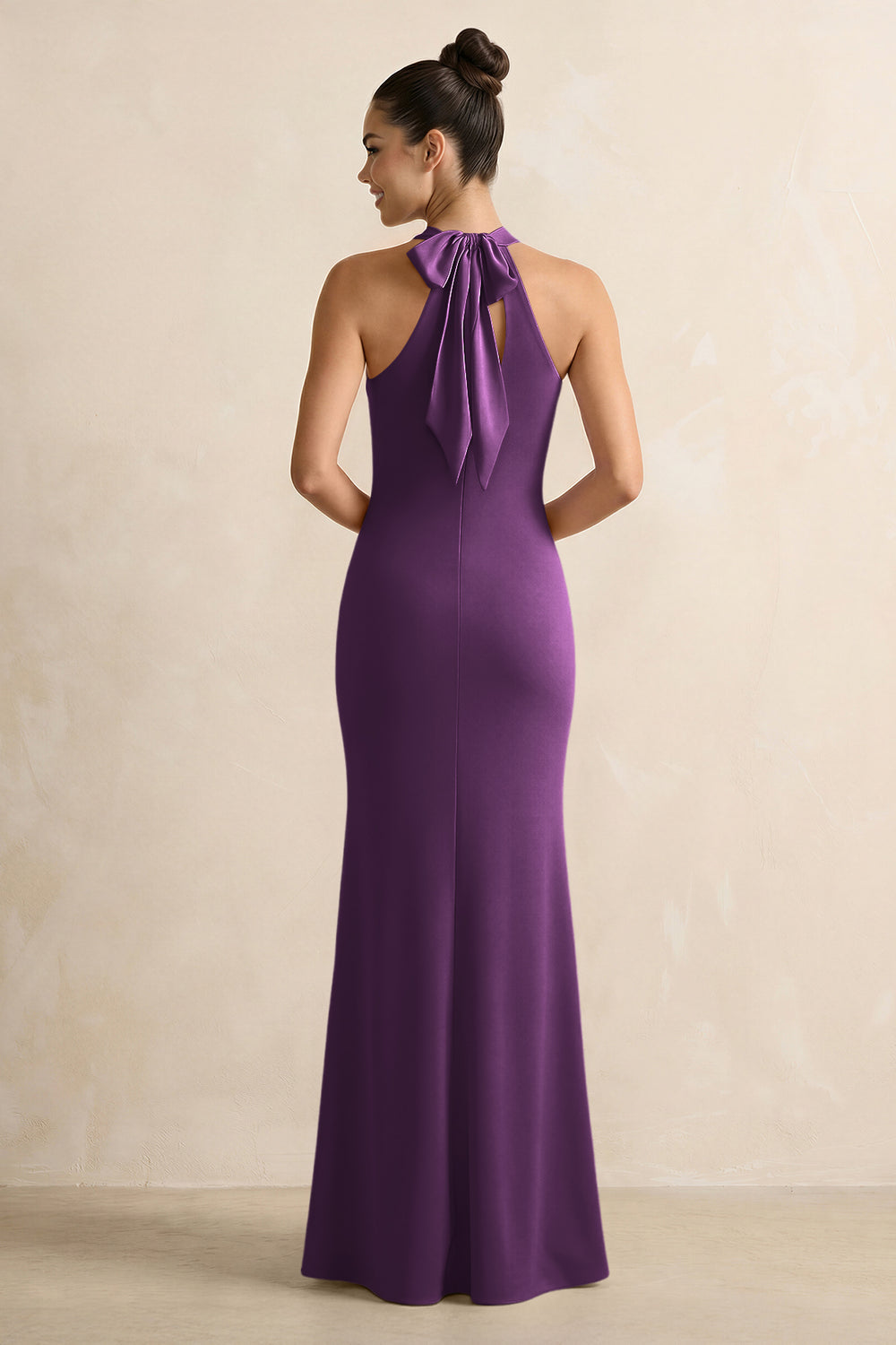 Crisscross Halter Sheath Satin Bridesmaid Dress with Bow in Plum