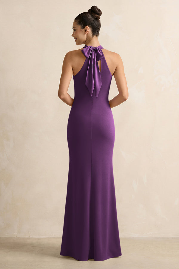 Plum Crisscross Halter Sheath Satin Bridesmaid Dress with Bow (2) | KISSBRIDAL