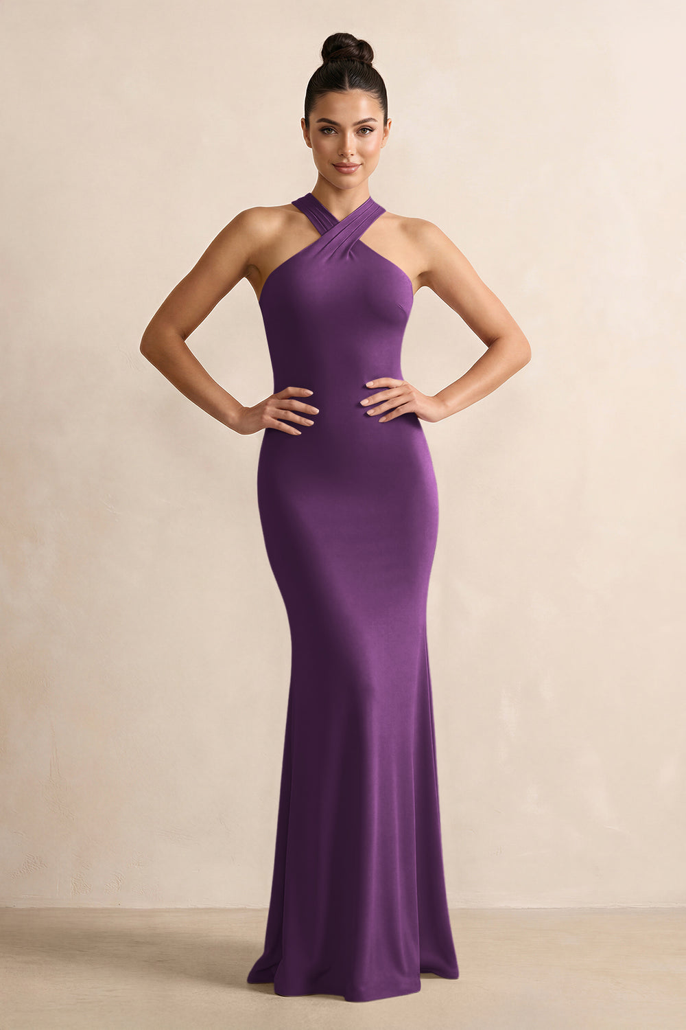 Crisscross Halter Sheath Satin Bridesmaid Dress with Bow in Plum