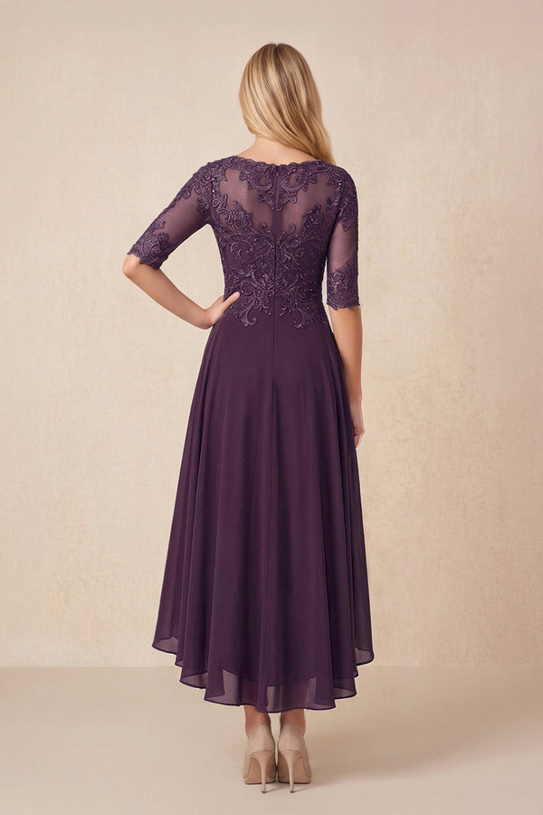Plum Embroidered A-Line Chiffon Midi Mother of the Bride Dress with Sleeves (2) | KISSBRIDAL