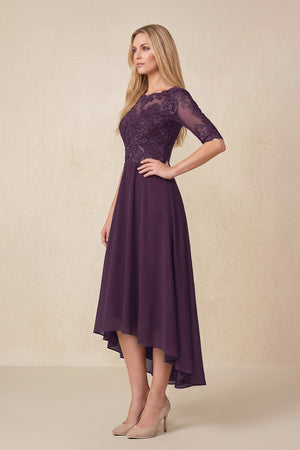 Plum Embroidered A-Line Chiffon Midi Mother of the Bride Dress with Sleeves (3) | KISSBRIDAL