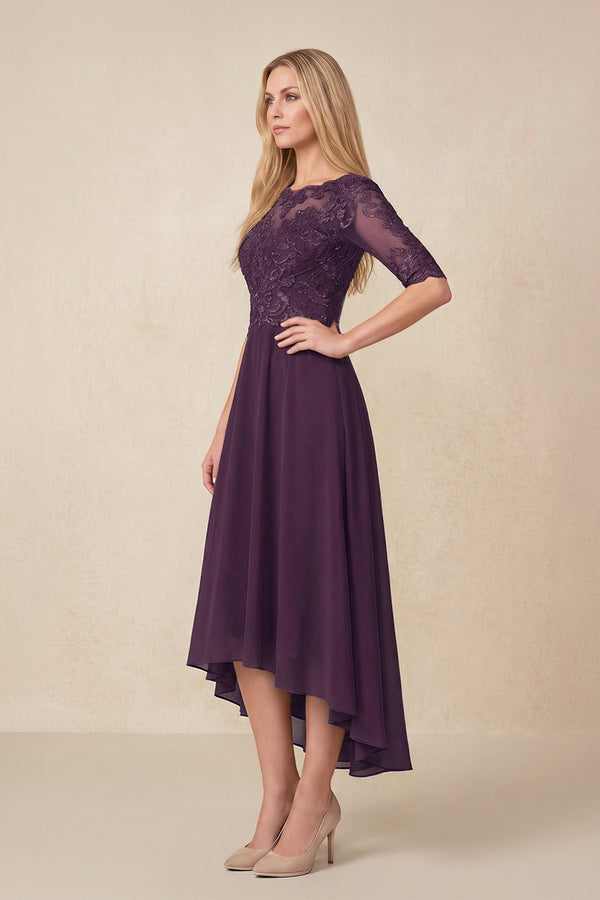 Plum Embroidered A-Line Chiffon Midi Mother of the Bride Dress with Sleeves (3) | KISSBRIDAL