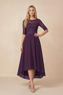Plum Embroidered A-Line Chiffon Midi Mother of the Bride Dress with Sleeves | KISSBRIDAL