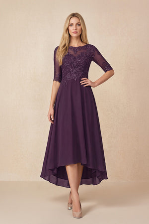 Plum Embroidered A-Line Chiffon Midi Mother of the Bride Dress with Sleeves | KISSBRIDAL