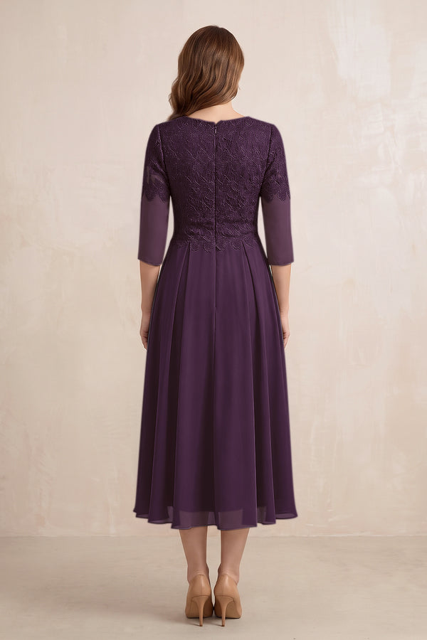 Plum Embroidered Chiffon A-Line Midi Mother of the Bride Dress (2) | KISSBRIDAL
