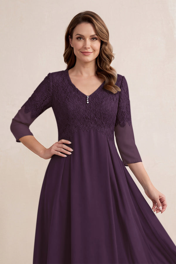 Plum Embroidered Chiffon A-Line Midi Mother of the Bride Dress (3) | KISSBRIDAL