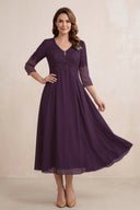 Plum Embroidered Chiffon A-Line Midi Mother of the Bride Dress | KISSBRIDAL