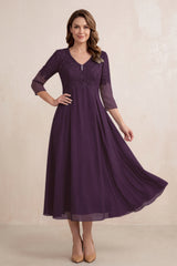 Plum Embroidered Chiffon A-Line Midi Mother of the Bride Dress | KISSBRIDAL