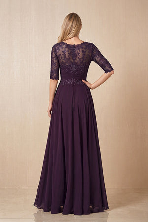 Plum Embroidered Chiffon Boat Neck A-Line Mother of the Bride Dress with Half Sleeves (2) | KISSBRIDAL