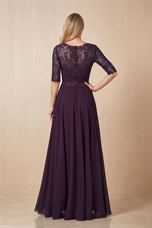 Plum Embroidered Chiffon Boat Neck A-Line Mother of the Bride Dress with Half Sleeves (2) | KISSBRIDAL