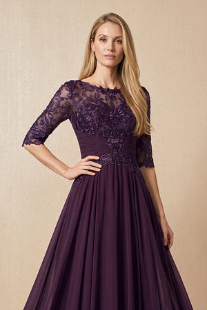 Plum Embroidered Chiffon Boat Neck A-Line Mother of the Bride Dress with Half Sleeves (3) | KISSBRIDAL