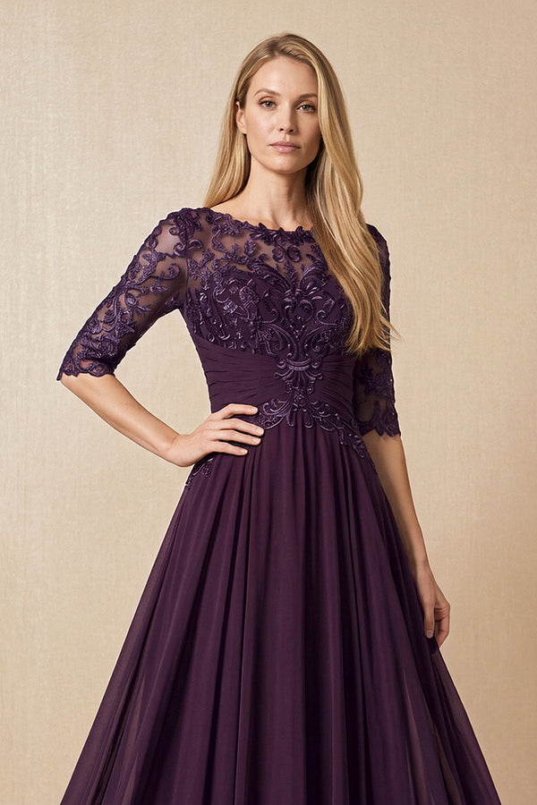 Plum Embroidered Chiffon Boat Neck A-Line Mother of the Bride Dress with Half Sleeves (3) | KISSBRIDAL