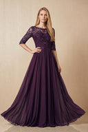 Plum Embroidered Chiffon Boat Neck A-Line Mother of the Bride Dress with Half Sleeves | KISSBRIDAL
