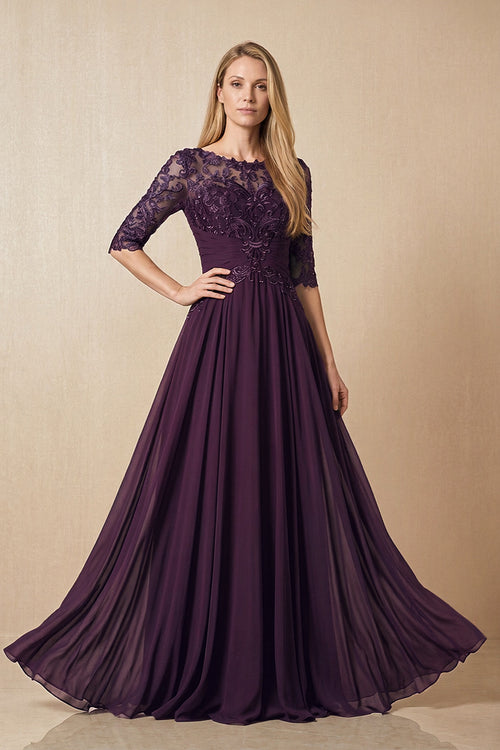 Plum Embroidered Chiffon Boat Neck A-Line Mother of the Bride Dress with Half Sleeves | KISSBRIDAL