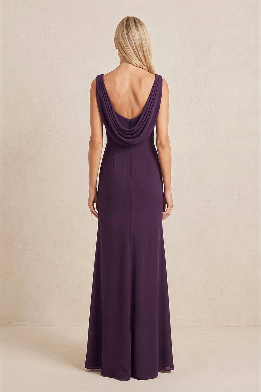 Plum Embroidered Cowl Neck Sheath Chiffon Mother of the Bride Dress