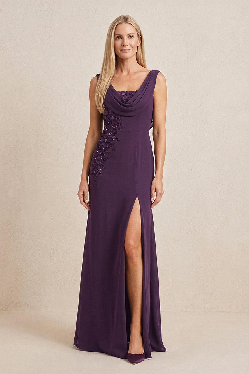 Plum Embroidered Cowl Neck Sheath Chiffon Mother of the Bride Dress
