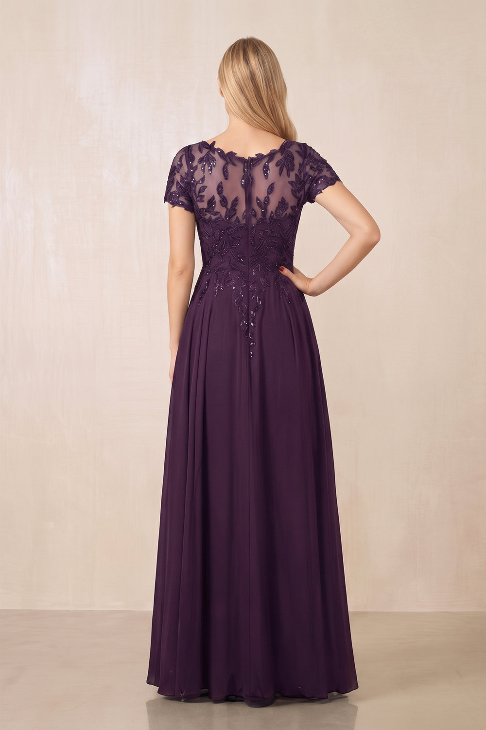 Plum Illusion Neck A-Line Chiffon Cap Sleeves Mother of the Bride Dress