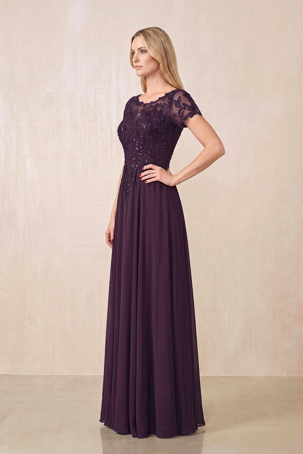 Plum Illusion Neck A-Line Chiffon Cap Sleeves Mother of the Bride Dress (3) | KISSBRIDAL