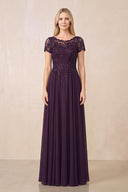 Plum Illusion Neck A-Line Chiffon Cap Sleeves Mother of the Bride Dress | KISSBRIDAL