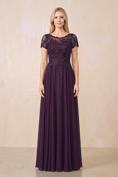Plum Illusion Neck A-Line Chiffon Cap Sleeves Mother of the Bride Dress | KISSBRIDAL