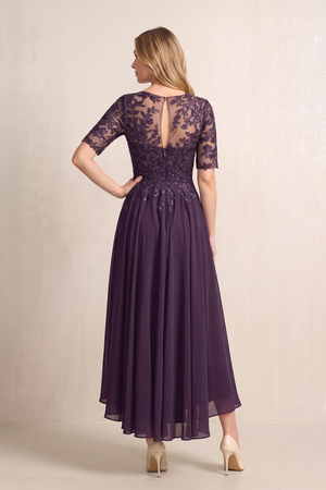 Plum Illusion Neck A-Line Chiffon Lace Midi Mother of the Bride Dress with Half Sleeves (2) | KISSBRIDAL